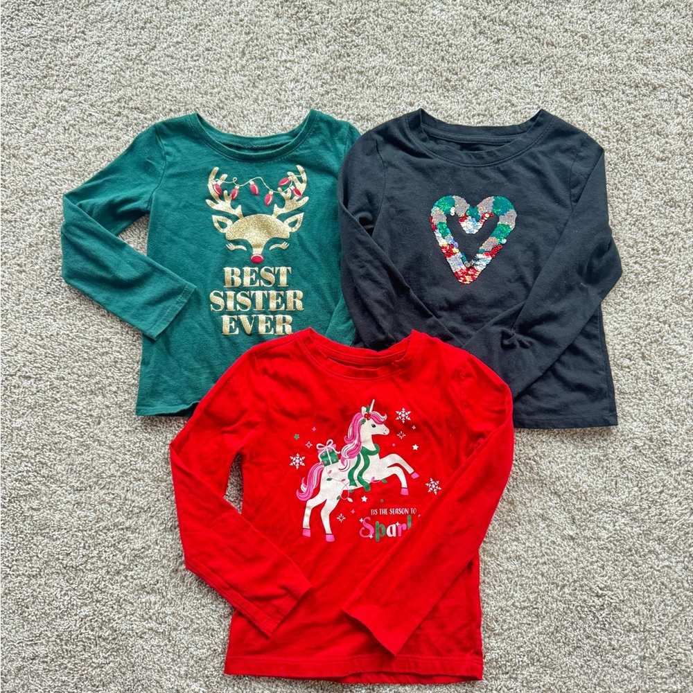 Girls Long Sleeve Shirt Bundle Festive holiday graphic Christmas tops size 4/5 - Picture 2 of 11